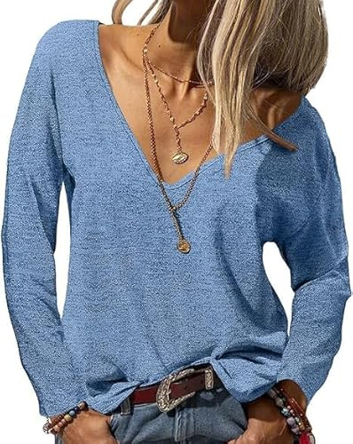 Fisoew Långärmad damtröja sexiga toppar med V-ringning överdimensionerad basic lång skjorta lös enfärgad långärmad t-shirt, blå, XL
