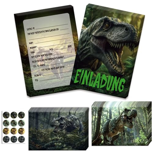 JJJZAMZ 12 X Dino Einladungskarten Kindergeburtstag(A6), Einladung Dino Kindergeburtstag, Dinosaurier Geburtstagseinladunge, Einladungskarten Kindergeburtstag für Junge Dinosaurier Partyeinladungen