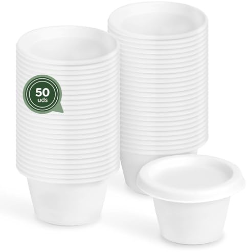 MAXI PRODUCTS - 50 Salseras Caña de Azúcar con Tapa - 120 ml - Tarrinas Blancas Cierre Seguro - Recipientes de Caña de Azúcar Compostables para Salsas - Envases con Tapa - APTO MICROONDAS
