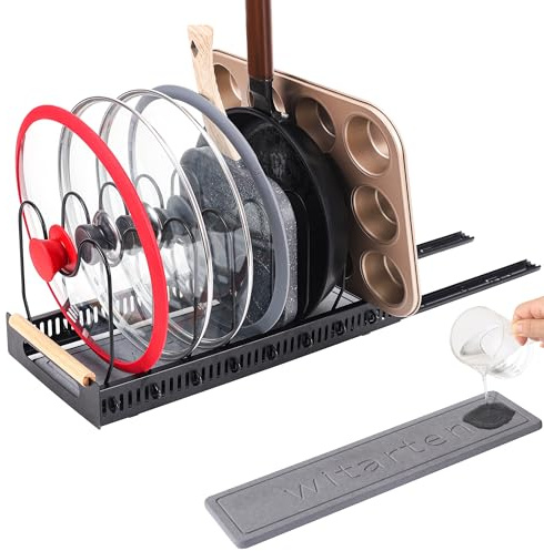 Pfannenhalter für Schublade,Topfdeckelhalter für Schrank, Ausziehbarer Deckelhalter Pfannenhalter mit Stein-Trockenmatte, Küchenschrank Organizer für Topfdeckel Schneidebretter Teller Pfannen, Schwarz
