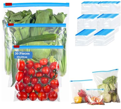 BLISSMART 30 pcs Reusable Freezer Bags Zip Lock Bags Transparent Sandwich Bags Seal Lock Food Storage Snacks Fruits & Freezing Leakproof & Resealable Plastic Bags 20x20cm