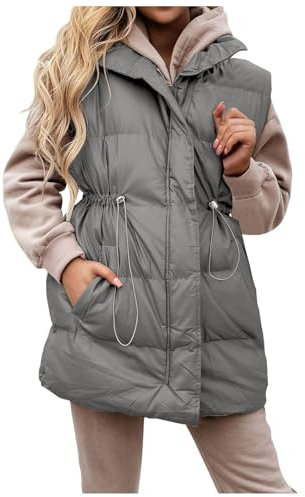Akgukrseh Womens Sleeveless Quilted Long Puffer Vest, Longline Faux Fur Jacket Casual Hooded Quilted Gilet Women's Gilets Warm Jacket Vest Long Puffer Gilet Women Funnel Neck Outerwear
