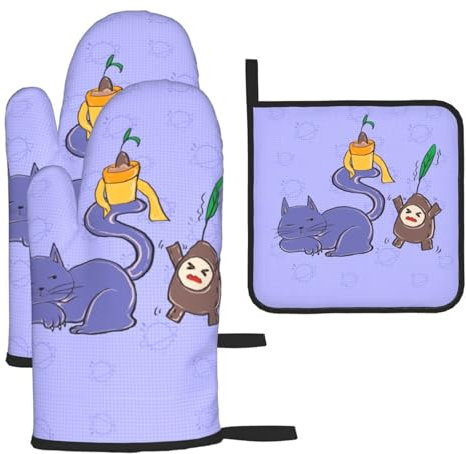 YYHHAOFA Set di 3 guanti da forno resistenti e impermeabili, con presina, per antiscottatura e isolamento termico, motivo semi di girasole e gatti