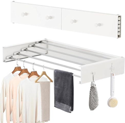 Sonhomay Séchoir à linge mural pliable - 5 tiges et 4 crochets - Capacité de 25 kg - Pour intérieur et extérieur, appartements, dortoir, salle de bain