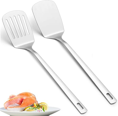 2 Stück Pfannenwender Edelstahl, 35 cm Pfannenwender aus Rostfreiem Edelstahl, Robuster Küchenspatel mit Hoher Hitzebeständigkeit, Ideales Kochgeschirr für Fisch, Eier, Pfannkuchen, Spülmaschinenfest