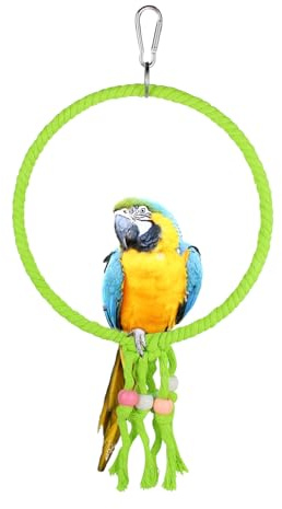 LuckyOpt Bird Swing, 20 CM Diameter Hanging Parrot Swing with Colourful Beads, Swing Parrot Toys Cotton Rope Ring Bird Cage Toys for Budgie, Cockatiel, Canary, Parakeet, Finch (Green)