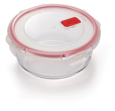 CURVER Round 0.95L Food Storage Glass Containers with Lids - Borosilicate Glass, 4-Clip Lock Airtight Food Containers with Lids, Oven & Freezer Safe