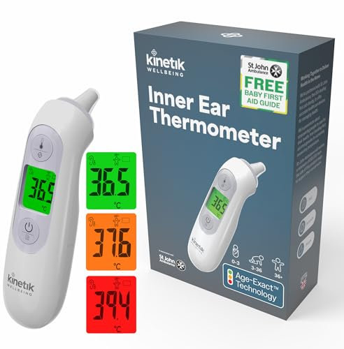 Kinetik Wellbeing Inner Ear Thermometer – Colour Coded Body Temperature Thermometer for Adults, Kids, Baby - Age-Exact Fever Alert, 1 Second Infa-Red Reading - Digital Medical Device Used by the NHS