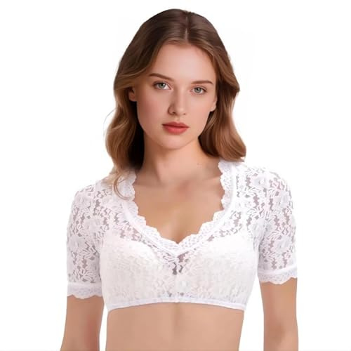 LGZIN Dirndl Camicetta da Donna, Dirndl Bianco a Maniche Corte, Dirndl Camicetta Tradizionale in Pizzo con Scollo a V, Dirndl Bianca Tops Blusa per Costume Tradizionale Bavarese Oktoberfest -L