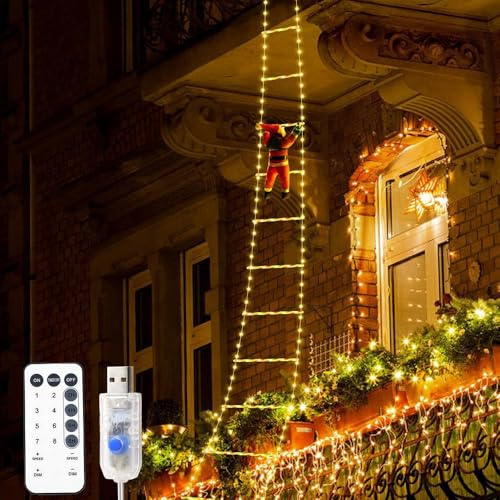 Ladder Lights Christmas Decorative String Lights indoor with Santa Claus, USB Operated 8 Modes Xmas Giant Lights for Outdoor, Window, Garden, Home, Wedding,Wall, Xmas Tree Decor (Warm White) (9.8ft)