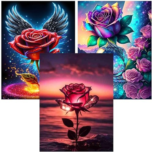 croshom Diamond Art Kits for Adults, 3 Packs Rose Blossom Diamond Art Painting Kits for Beginners, 5D DIY Full Drill Gem Craft for Adult Gifts, Home Wall Decor 12 x 16