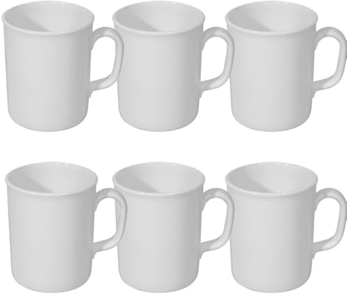 White Plastic Mugs 275ml UK Made Ceramic Looking Pack of 6, Lightweight Durable Coffee Cups with Handles, Dishwasher Microwave Safe, Camping, Picnic, Ideal for Children