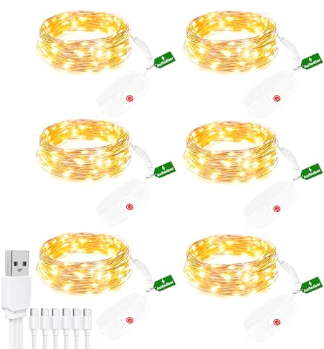Bzavor 6 Stück Aufladbar Lichterkette Innen Batterie mit Timer 8 Modi,2M 20 LED Kupferdraht Mini ichterkette klein mit Batterie Wasserdicht für Außen Weihnachten Party Hochzeit Beleuchtung Deko