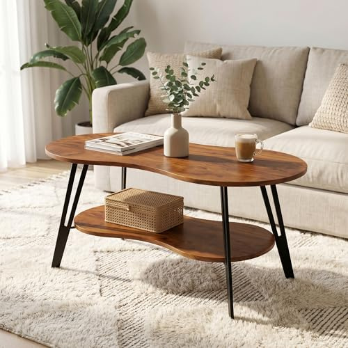 Manora Ovaler Couchtisch Braun mit Ablagefach & Metallbeinen - Moderner Wohnzimmertisch Kaffeetisch Sofatisch Beistelltisch für Wohnzimmer Schlafzimmer Büro (Braun+Schwarz, zweistöckig)