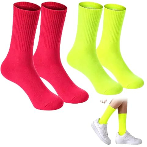 AffeGifts Neon Socken Herren, 2 Paar Bunte Sockens Grün Rosa Socken Hellfarbige Sockens Sport Knöchelsocken Neon Party Zubehör Männer für 80er 90er Party Streetwear EU 40-44