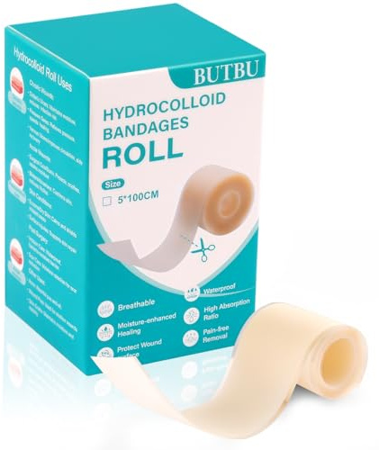 BUTBU Hydrokolloid plåsterrulle 5 x 100 cm, självhäftande vattentät hydrokolloid sårplåster, andningsaktiv, hudvänlig, ytskydd, för blåsor, akne