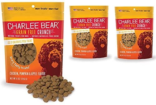Charlee Bear Dog Training Treats for Small, Medium & Large Breeds, Crunchy Low Calorie Grain Free Dog Treats, USA Made, Chicken, Pumpkin & Apple, 3 Pack, 8oz Each