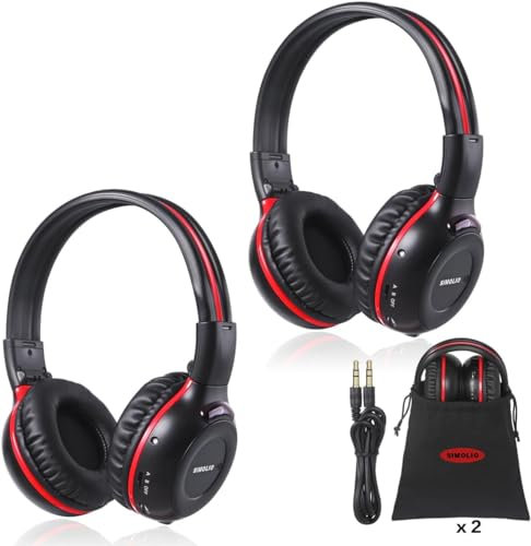 SIMOLIO Infrared Headphones, 2 Pack IR Headsets for Car DVD Player, Wireless 2 Channel Car Headphone Kids for Universal Rear Entertainment System & in Car TV Video Audio Listening, Foldable, Durable