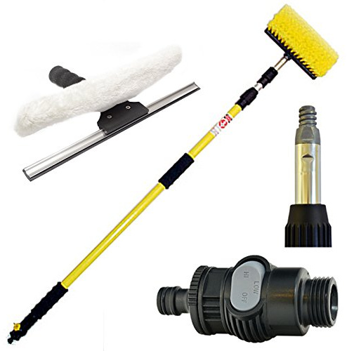 Professional 3.4 Metre Flow Through Wash Brush & Metal Squeegee - Cleaning Brush for Cars, Vans, Trucks Etc.. - On/Off Tap Yellow