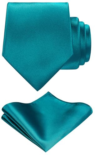 TIE G Solid Satin Woven dyed Color Formal Black Necktie and Pocket Square Sets in Gift Box (Teal)