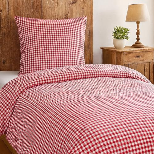 Hans-Textil-Shop Seersucker Bettwäsche Kariert Rot 135x200 + 80x80 – Baumwolle, bügelfrei, pflegeleicht, Karo 5×5 mm, mit Reißverschluss, Oeko-TEX® Standard 100