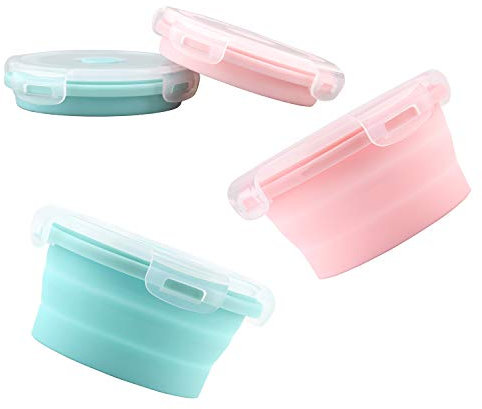 Luter 2 Piezas Plegable Viajes Silicona para Perro 350ml Botella Agua Perro para Alimentos con Tapa Plato de Alimentación Portátil para Mascotas para Perrera Camping (12x12x3cm) (Rosado,Azul)…