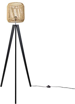 Paco Home Lumin. De Pie Moderna Salón Dormitorio Ratán Boho Cesto Luminaria De Pie E27, Base de la lámpara: Lámpara de piso negro, Pantalla de lámpara: Beige (Ø28 cm)