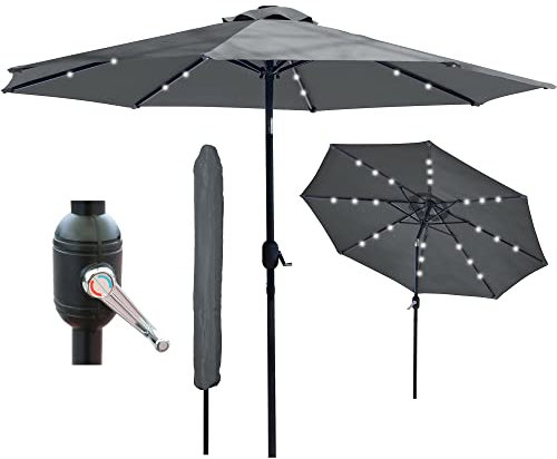 GlamHaus Garden Parasol Solar LED 2.7M,Tilting Table Umbrella with Crank Handle, Protection UV40, Includes Parasol Cover, Gardens and Patios - (Dark Grey)