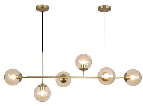 KCO Lighting Globe Linear Kronleuchter 6-flammige Pendelleuchte aus Bernsteinfarbenem Glas, Goldfarben Kücheninselbeleuchtung Langer Messing-Sputnik Esszimmerleuchten über dem Tisch