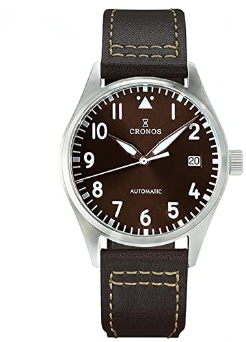 NC Cronos 39mm Pilot Mechanical Men Watches PT5000 Super Luminous Sapphire Class Braunes Lederband Edelstahl Fliegeruhr (Color 2)