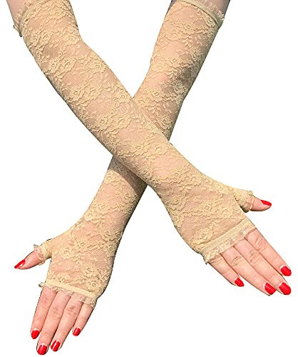 GIVBRO Damen Spitzenhandschuhe Lange fingerlose Fäustlinge Vintage Brauthandschuhe Opera Verkleidung Zubehör für Party Hochzeit Bars Dress Up Beige
