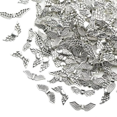 DAHI ca.200pcs Engelsflügel Basteln Set Flügel Spacer Perlen Flügel Perlen Metall Perlenkappen Perlenengel zum Basteln Zubehör mit Karabiner Verschluss