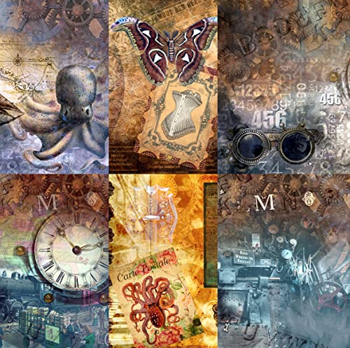 Dunkles Steampunk-Maulbeer-Reispapier, 20,5 x 26,5 cm, 6 x verschiedene bedruckte Maulbeerpapierbilder, 30 g/m², sichtbare Fasern für Decoupage-Bastelarbeiten, gemischte Medien, Collagen-Kunst