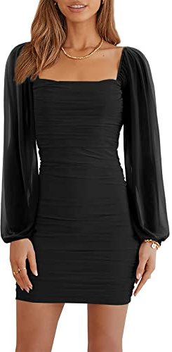 Wenrine Abiti da Donna Vestito Aderente da Festa Maglia Manica Lunga Scollo Quadrato Mini Abito.Nero.S