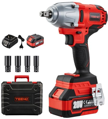 TEENO Brushless Impact Wrench,600N.m Cordless Lithium-Ion Impact Wrench 4.0Ah Battery,Carry Box for Car Home,4pcs Sockets
