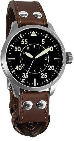 Aristo Flieger 47 Legende Pilot Typ B Automatik Herren Armbanduhr - Riemenband aus Sattelleder und Nieten und sandgestrahltes schwarzes Edelstahl Ziffernblatt mit Front aus Lupenglas - Made in Germany