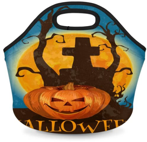 Happy Halloween Night Bolsa de almuerzo de neopreno, diseño de calabazas y luna, pequeña lonchera aislada, contenedor de mano, bolsa de picnic cálida para mujeres y hombres