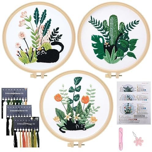 JSRQT 3 Stück Gestempeltes Stickerei Starter Kit Katze Embroidery Set für Anfänger Erwachsene Kreuzstich Cross Stitch für DIY Kunst Nadeln und Nähen Tools