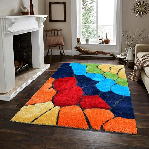 Rugs4Sale 4cm Thick Pile Super Soft Shaggy Modern Rugs Living Room 3D Pattern Multi-color Ideal For Bedroom, Hall, Kids Baby Room, Indoor & Outdoor Rugs Hallway Runners Carpet Mat(Design Pebbles)