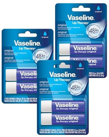Vaseline Lip Therapy Care Original, Fast-Acting Nourishment, Ideal for Chapped, Dry, Cracked, or Damaged Lips, Lip Balm, 3-Pack of 2, 0.16 Oz Each, 6 Lip Balms