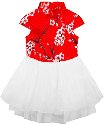 Mud Kingdom Little Girls Red Dresses for Girl Short Sleeve Frog Button Cheongsam Dress Chinese Style Tutu Dress 5 Years