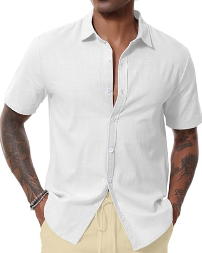 LVCBL Camisa de lino para hombre, manga corta, camiseta de lino, camisa de ocio, verano, informal, corte regular, M-3XL