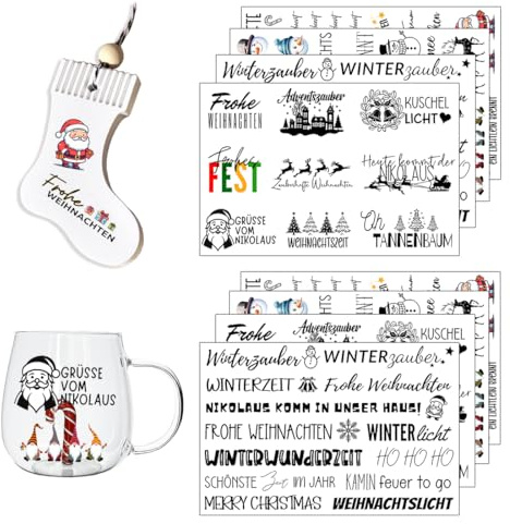 Yezirzax 8 Reibenaufkleber Weihnachten, Sprüche Transferfolie für Raysin Keraflott Möbel, Glas, Holz, DIY Dekorative Reibefolie, Scrapbooking