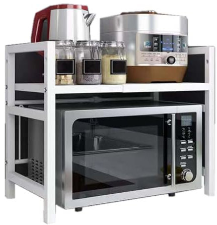 Extendable Microwave Oven Rack, 2 Tier Microwave Shelf Stand, Bakers Rack, Kitchen Countertop Organiser Shelves, Adjustable Width and Height for Rice Cooker Toaster, Air Fryer