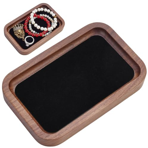 PLIGREAT Plateau de Présentation de Bijoux en Bois de Noyer Plateau de Présentation de Bijoux Carré Plat en Bois Massif Organisateur de Tiroir à Bijoux Élégant Vitrine pour Femmes Hommes Bagues