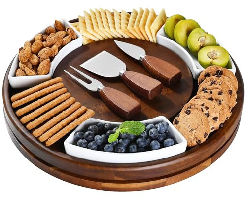 Shanik Acacia Wood Lazy Susan Cheese Board Set – Rotating Charcuterie Platter, Elegant Serving Tray for Appetizers, Snacks, Parties & Weddings