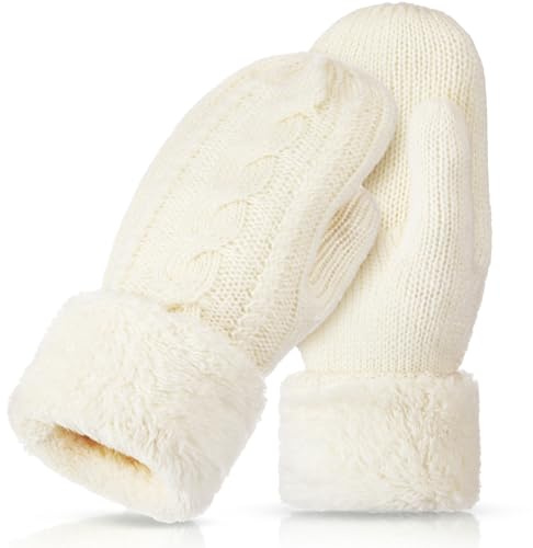 Geyoga 1 Pair Winter Warm Mittens for Women Cozy Thick Knitted Gloves Soft Lining Cold Weather Accessories Gifts (White)
