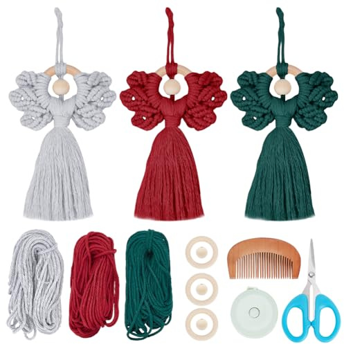 ORIGACH 3 Stück Makramee Engel Set für Anfänger, Hängeornament Kit Mit Anleitung Zum Basteln und Knüpfen für Weihnachtsbaum Dekoration