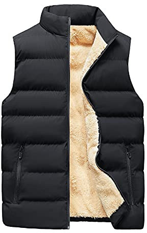 Herr lätt vadderad väst - Fleece-väst för män män ärmlös jackor västar för män varm tjock vinter fleece väst utomhus vadderad pufferväst tjock fleece fodrad ärmlös jacka, Svart, 3XL