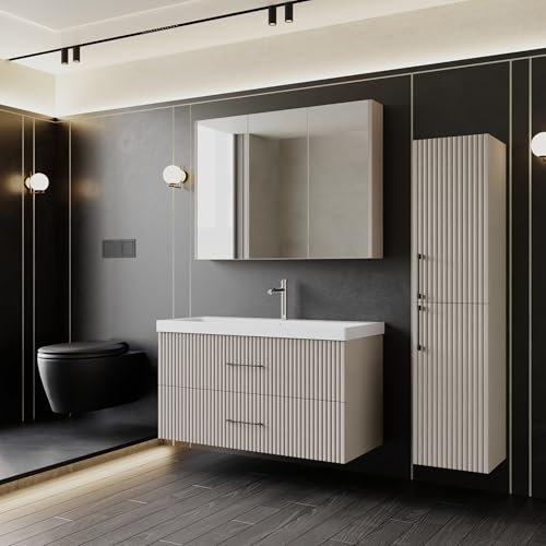 Badmöbel Set Liana 100 | Keramikwaschbecken | Unterschrank | Spiegelschrank | Softclose-Schubladen & -Türen | Riffeloptik & Bügelgriffe | Eleganter Stil | Badmöbel | Waschtisch mit Unterschrank 100 cm